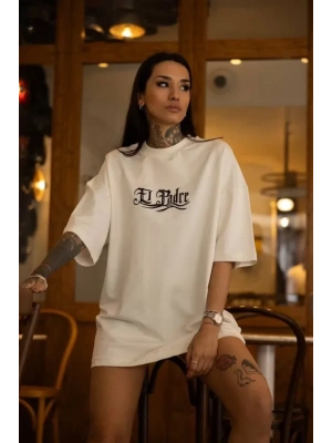 Unisex Bisiklet Yaka Baskılı Oversize T-Shirt - Beyaz