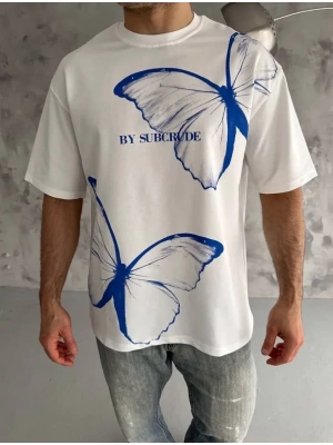 Unisex Bisiklet Yaka Baskılı Oversize T-Shirt - Beyaz