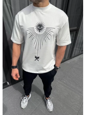 Unisex Bisiklet Yaka Baskılı Oversize T-Shirt - Beyaz