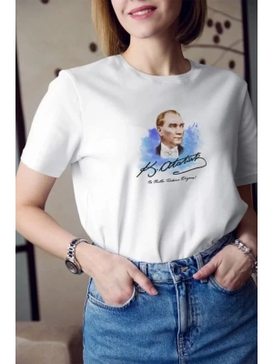 Unisex Bisiklet Yaka Baskılı Oversize T-Shirt - Beyaz