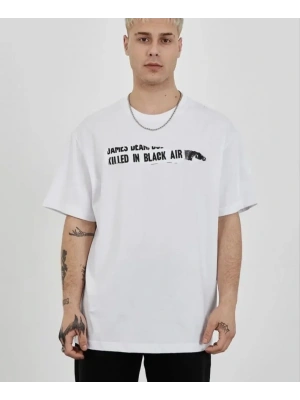 Unisex Bisiklet Yaka Baskılı Oversize T-Shirt - Beyaz