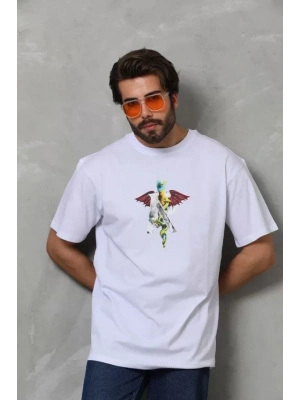 Unisex Bisiklet Yaka Baskılı Oversize T-Shirt - Beyaz