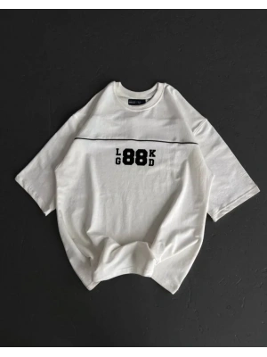 Unisex Bisiklet Yaka Baskılı Oversize T-Shirt - Beyaz