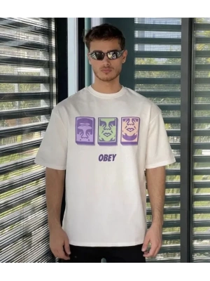 Unisex Bisiklet Yaka Baskılı Oversize T-Shirt - Beyaz