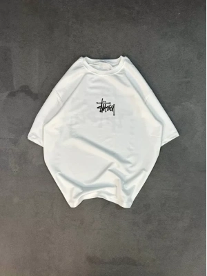 Unisex Bisiklet Yaka Baskılı Oversize T-Shirt - Beyaz
