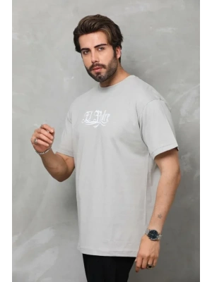 Unisex Bisiklet Yaka Baskılı Oversize T-Shirt - Gri