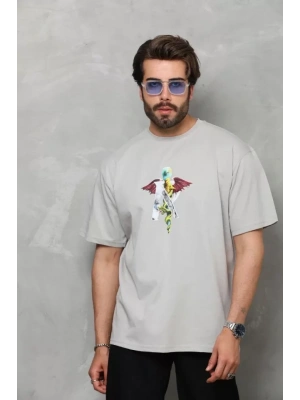 Unisex Bisiklet Yaka Baskılı Oversize T-Shirt - Gri