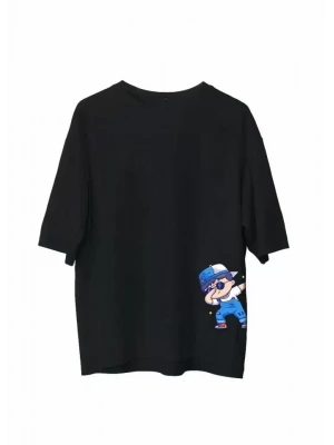 Unisex Bisiklet Yaka Baskılı Oversize T-Shirt - Siyah