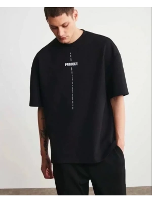 Unisex Bisiklet Yaka Baskılı Oversize T-Shirt - Siyah