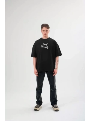 Unisex Bisiklet Yaka Baskılı Oversize T-Shirt - Siyah