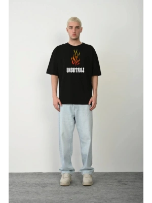 Unisex Bisiklet Yaka Baskılı Oversize T-Shirt - Siyah