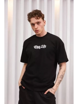 Unisex Bisiklet Yaka Baskılı Oversize T-Shirt - Siyah