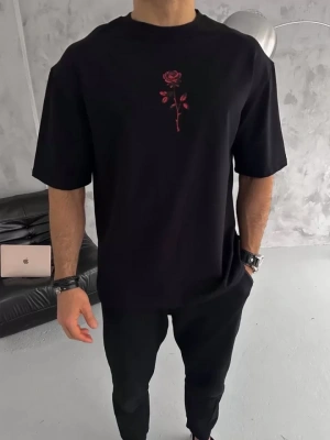 Unisex Bisiklet Yaka Baskılı Oversize T-Shirt - Siyah