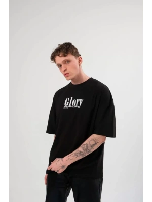 Unisex Bisiklet Yaka Baskılı Oversize T-Shirt - Siyah