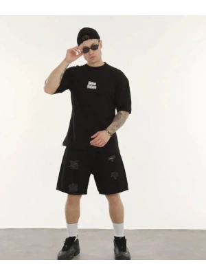Unisex Bisiklet Yaka Baskılı Oversize T-Shirt - Siyah