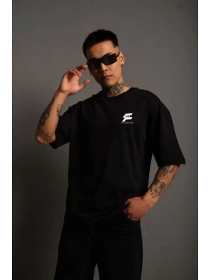Unisex Bisiklet Yaka Baskılı Oversize T-Shirt - Siyah