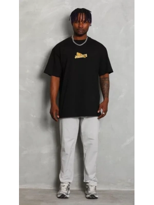 Unisex Bisiklet Yaka Baskılı Oversize T-Shirt - Siyah