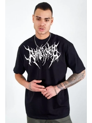 Unisex Bisiklet Yaka Baskılı Oversize T-Shirt - Siyah