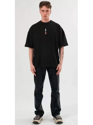 Unisex Bisiklet Yaka Baskılı Oversize T-Shirt - Siyah