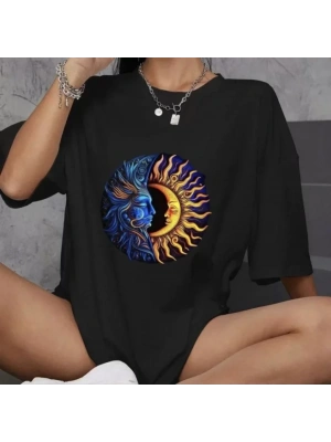 Unisex Bisiklet Yaka Baskılı Oversize T-Shirt - Siyah