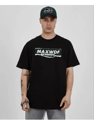 Unisex Bisiklet Yaka Baskılı Oversize T-Shirt - Siyah