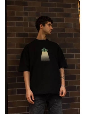 Unisex Bisiklet Yaka Baskılı Oversize T-Shirt - Siyah