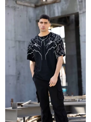 Unisex Bisiklet Yaka Baskılı Oversize T-Shirt - Siyah
