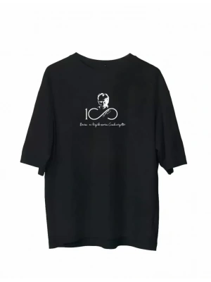 Unisex Bisiklet Yaka Baskılı Oversize T-Shirt - Siyah