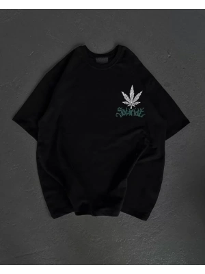 Unisex Bisiklet Yaka Baskılı Oversize T-Shirt - Siyah