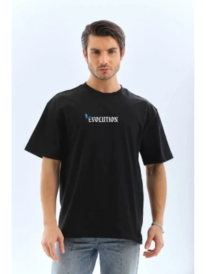 Unisex Bisiklet Yaka Baskılı Oversize T-Shirt - Siyah