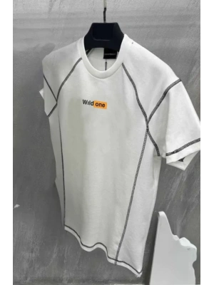 Unisex Dikişli Baskılı Oversize T-Shirt - Beyaz