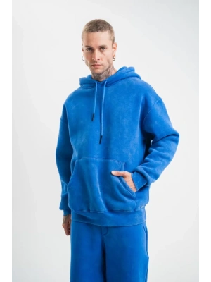 Unisex Double Oversize Kapşonlu Yıkamalı SweatShirt - Mavi