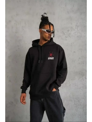 Unisex Kapşonlu Baskılı Sweetshirt - Siyah