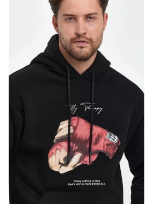 Unisex Kapüşonlu Üç İplik Oversize Baskılı Sweatshirt - Siyah