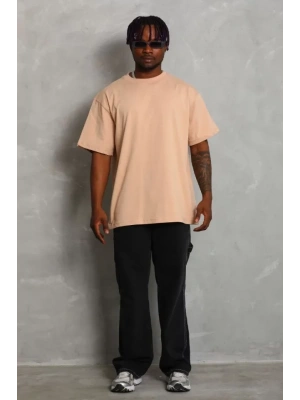 Unisex Oversize Düz Bisiklet Yaka T-Shirt - Bej
