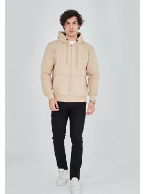 Unisex Tam Fermuarlı Kapşonlu  SweatShirt - Bej