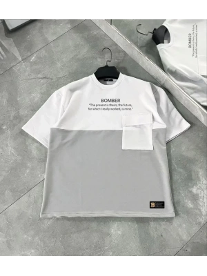 Unisex Torba Cep Detaylı  Parçalı T-Shirt - Gri