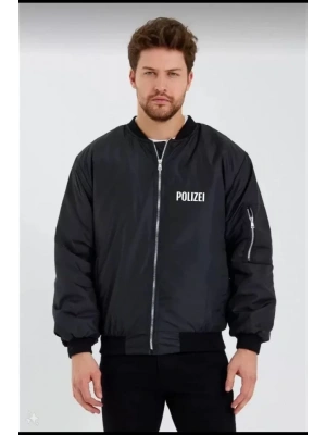 Unisex Uzun Kol Baskılı Bomber Ceket - Siyah