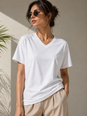 V Yaka Basic Tişört Kısa Kol Yazlık Regular Fit T-Shirt - Beyaz