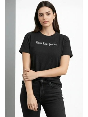 Wafıl Kumaş Tişört Regular Kalıp Bisiklet Yaka Baskılı Günlük Basic T-Shirt - Siyah