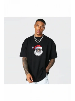 Yılbaşı Gözlüklü Noel Baba Baskılı Kısa Kollu Oversize Bisiklet Yaka T-shirt - Siyah