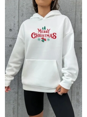 Yılbaşı Merry Christmas Baskılı Oversize Kapüşonlu Sweatshirt Hoodie - Beyaz