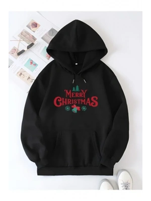 Yılbaşı Merry Christmas Baskılı Oversize Kapüşonlu Sweatshirt Hoodie - Siyah
