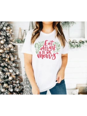 Yılbaşı Noel Baskılı Kısa Kollu Oversize Bisiklet Yaka T-shirt - Beyaz
