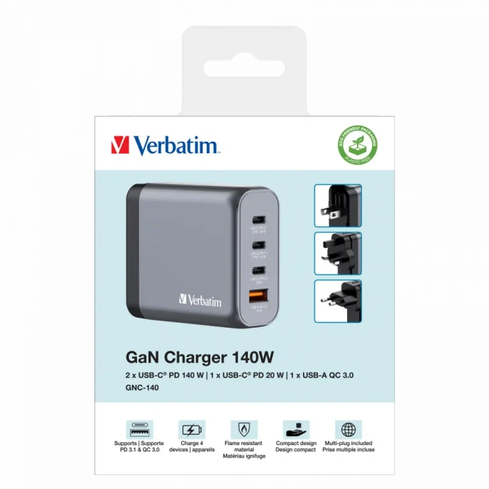 Verbatim 32203 - V GNC-140 GaN Charger 140W 3-USB-C / 1-USB-A  Çıkışa Sahiptir