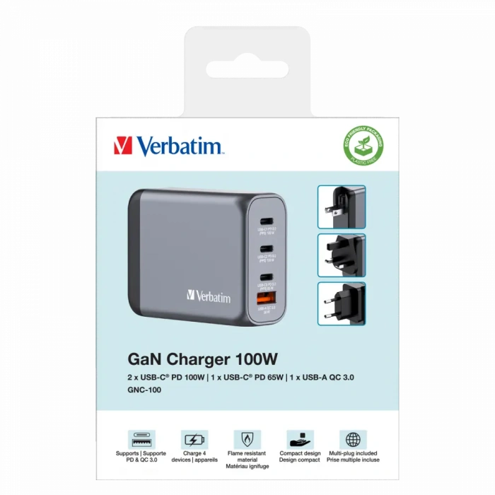 Verbatim 32202 - V GNC-100 GaN Charger 100W 3-USB-C /  1-USB-A  Çıkışa Sahiptir