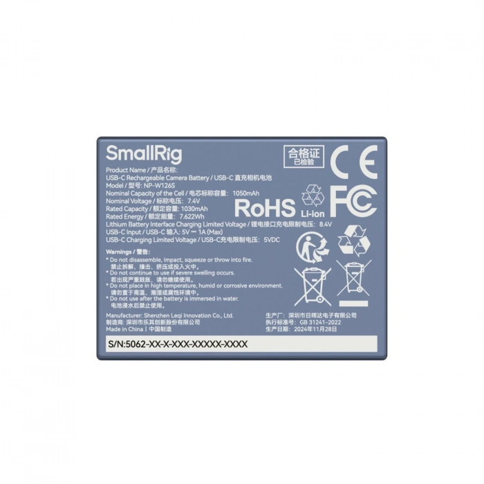SmallRig 5062 NP-W126S USB-C Şarj Edilebilir Kamera Pili