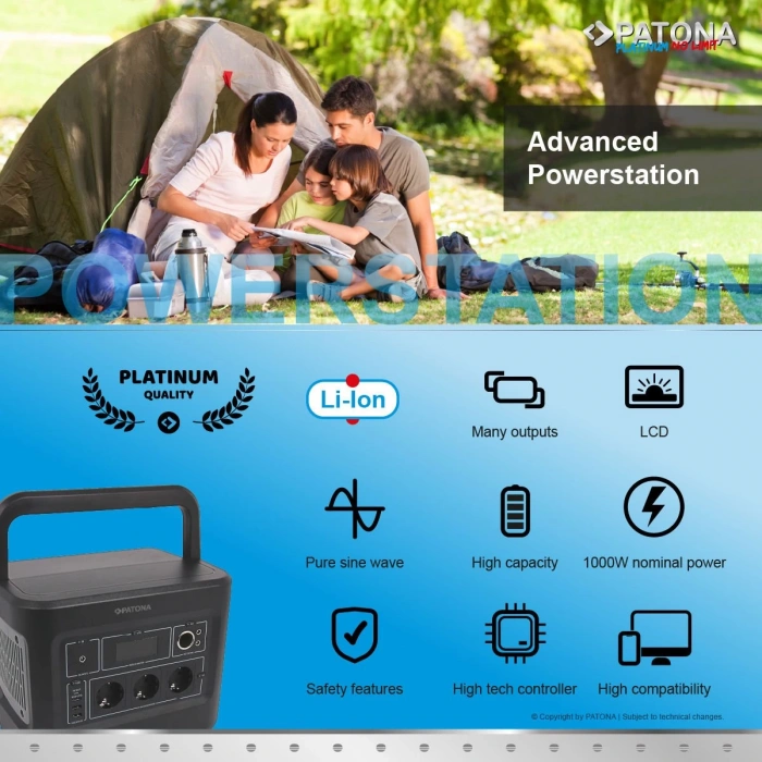 PATONA 9989 Platinum Taşınabilir Güç İstasyonu 1000Wh 1000W/230V USB5V/2.4A DC12V/10A