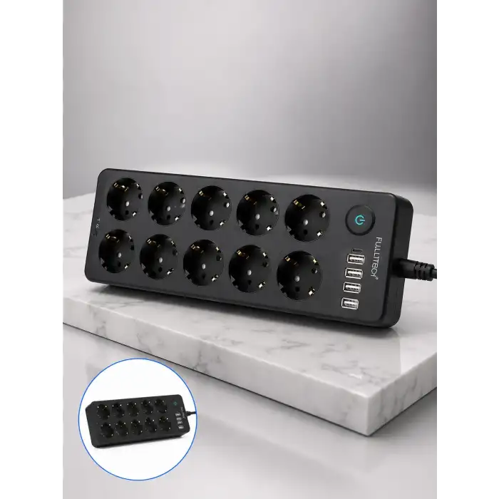 10 Prizli USB Destekli Çoklu Priz Type-C Şarj Girişli Güvenli Güç Ünitesi