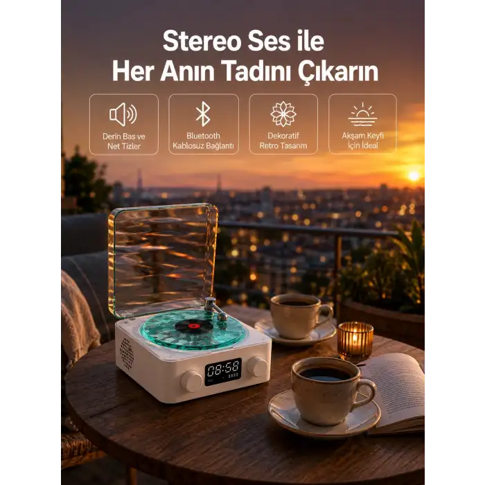 3-1 Kablosuz Bluetooth Hoparlör – Gece Lambalı, Saatli, Retro Tasarım